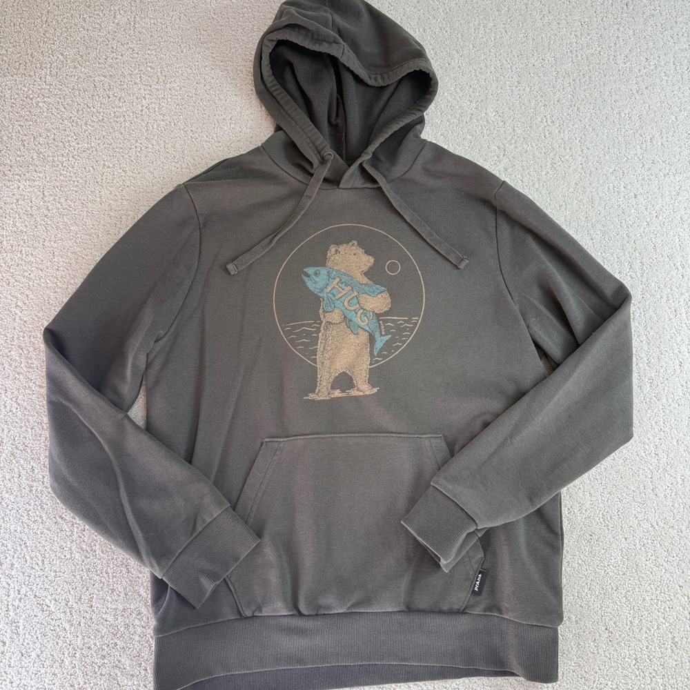 prAna Mens Bear Hug Fish Graphic Hoodie Charcoal Gray Organic Cotton Small
